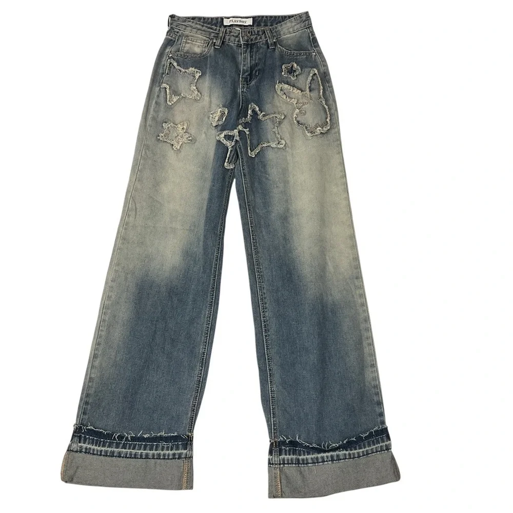Playboy PacSun Distressed Stars & Bunny Patched Wide-Leg Denim Pants Size 28 NWT